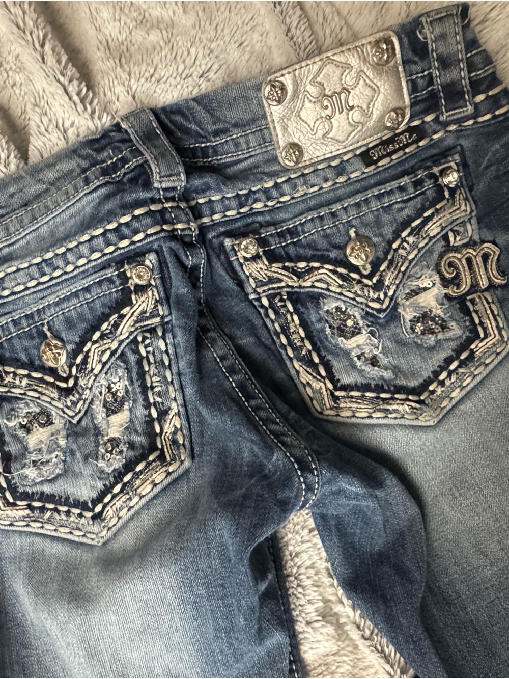 Miss Me Distressed Embellished Blue Denim Boot-Cut Jeans